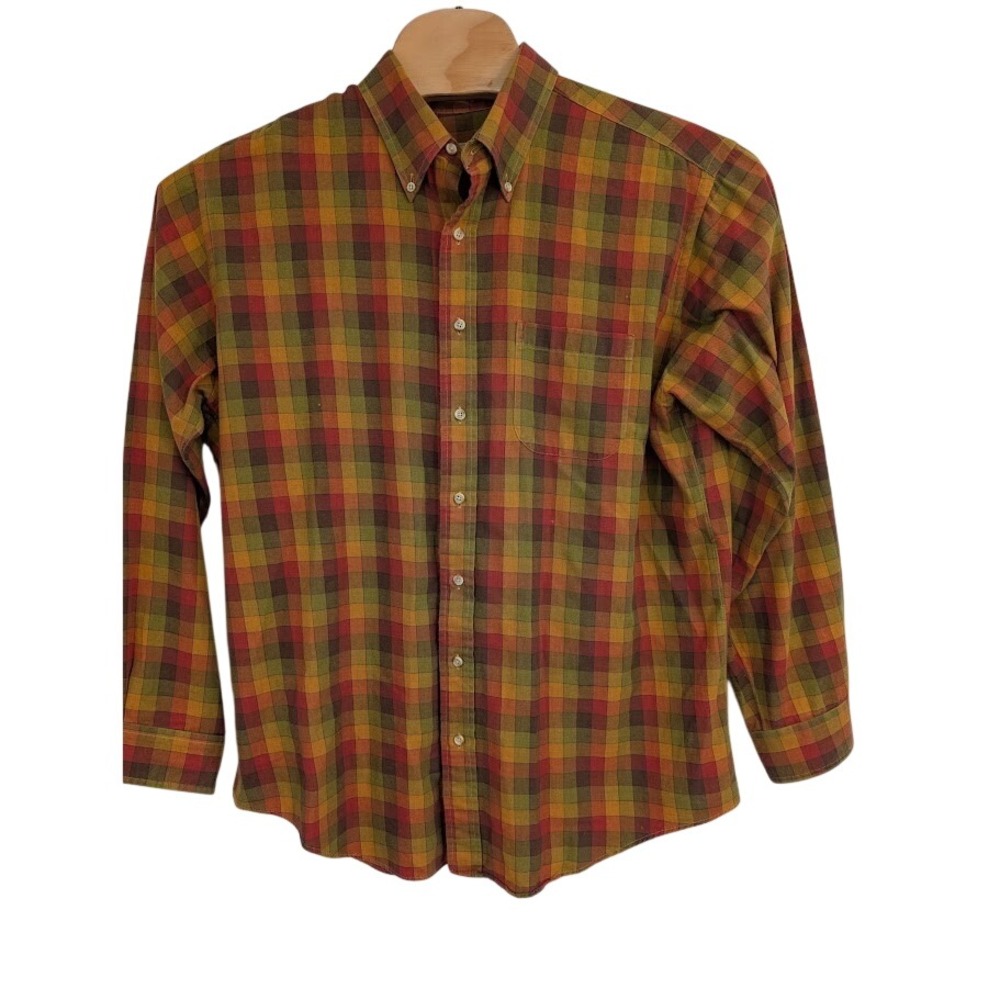 Paul Stuart Men's Plaid Flannel Shirt Long Sleeve Button Down Orange Green XL
